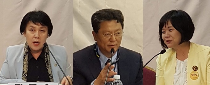 左 더불어민주당 정춘숙 정책본부장, 中 국민의당 김원종 정책부위원장, 右 정의당 국회의원 이정미 전략기획본부장
