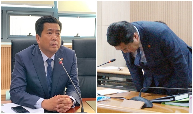 [左] 기자 브리핑을 하고 있는 강청희 이사 [右] 밴딩 문제로 공급자단체에 사과를 하고 있는 모습 